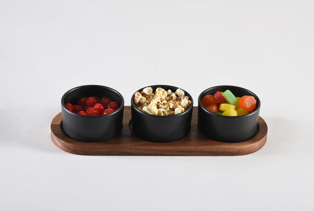 Ceramic Condiment Set on Acacia Wood — Black, 4-Piece