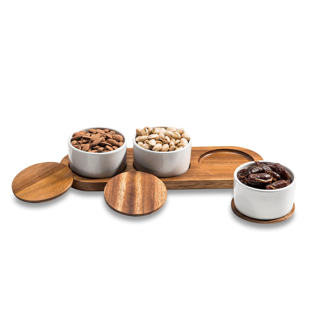 Ceramic Condiment Set on Acacia Wood — Natural, 4-Piece