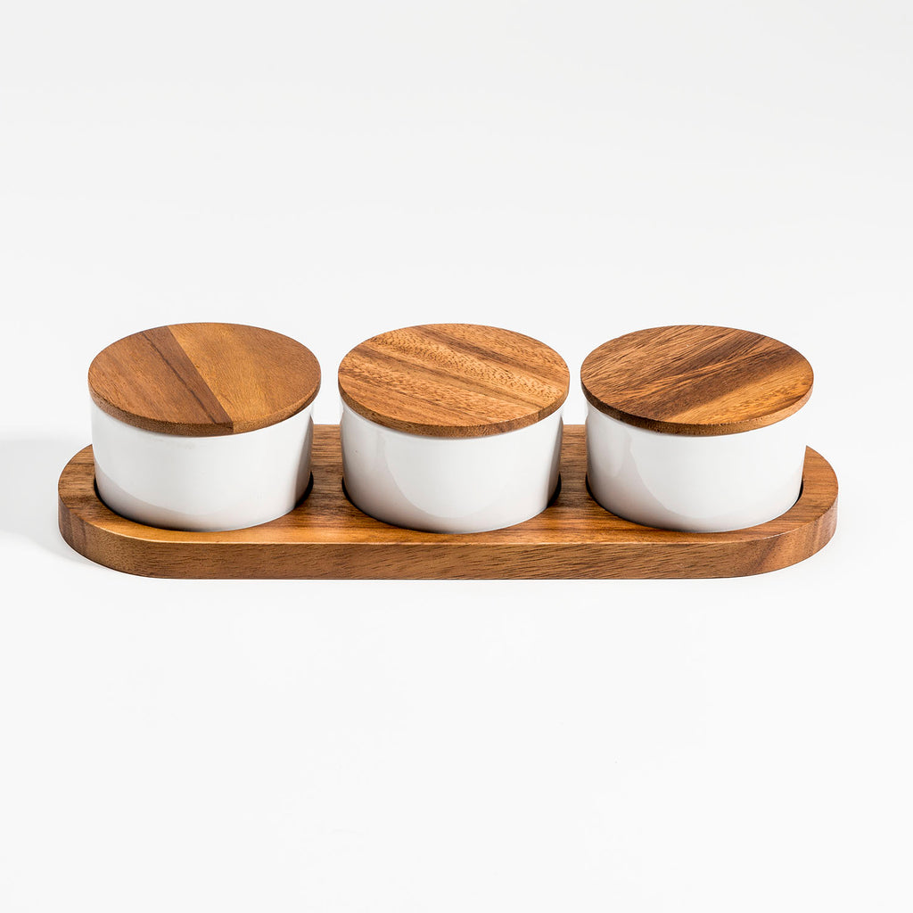 Ceramic Condiment Set on Acacia Wood — Natural, 4-Piece