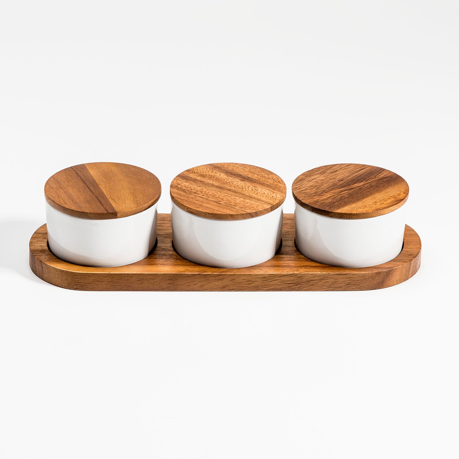 Ceramic Condiment Set on Acacia Wood — Natural, 4-Piece