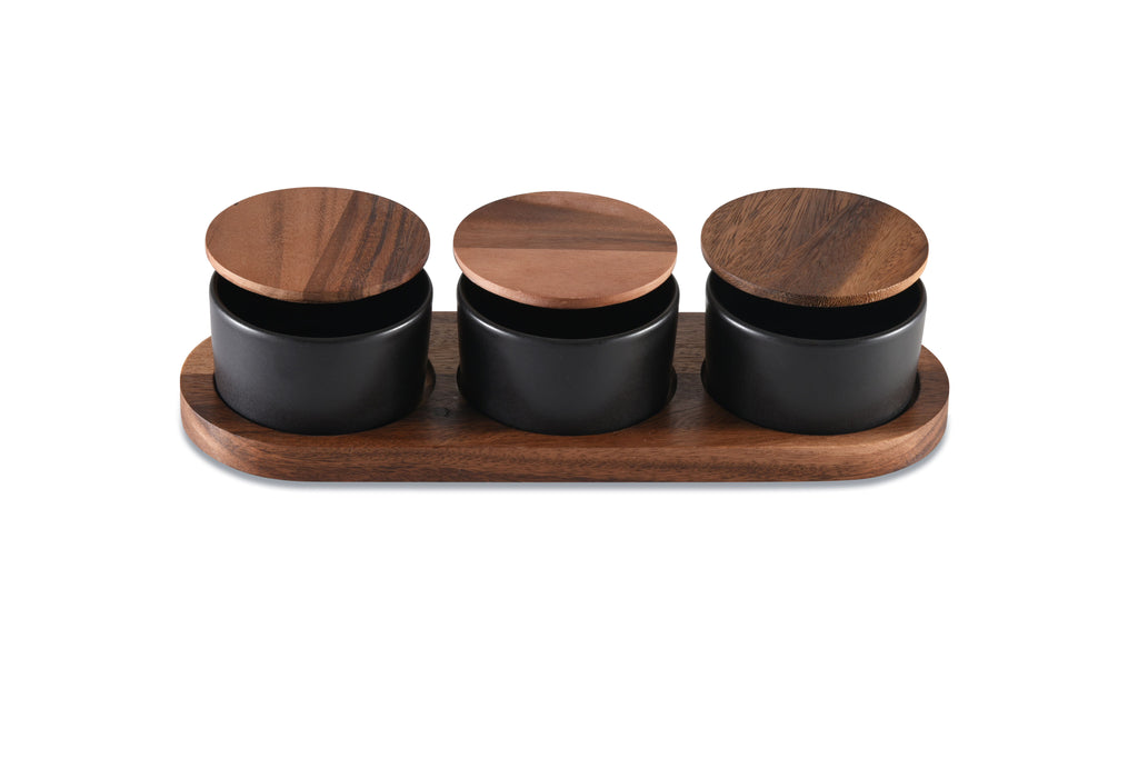 Ceramic Condiment Set on Acacia Wood — Black, 4-Piece