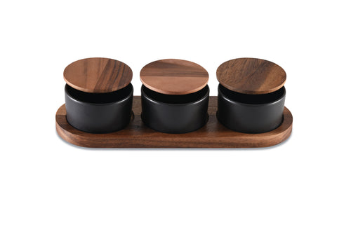 Ceramic Condiment Set on Acacia Wood — Black, 4-Piece