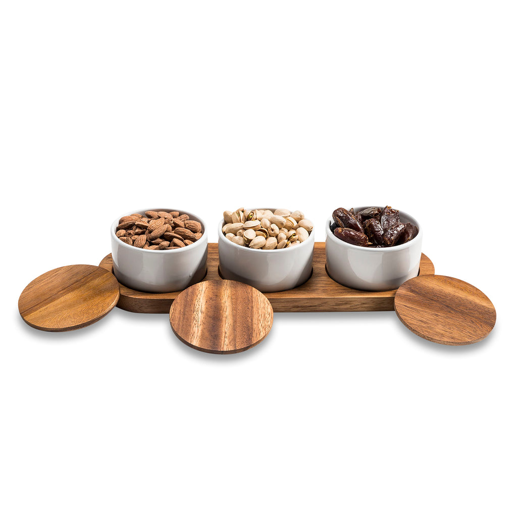Ceramic Condiment Set on Acacia Wood — Natural, 4-Piece