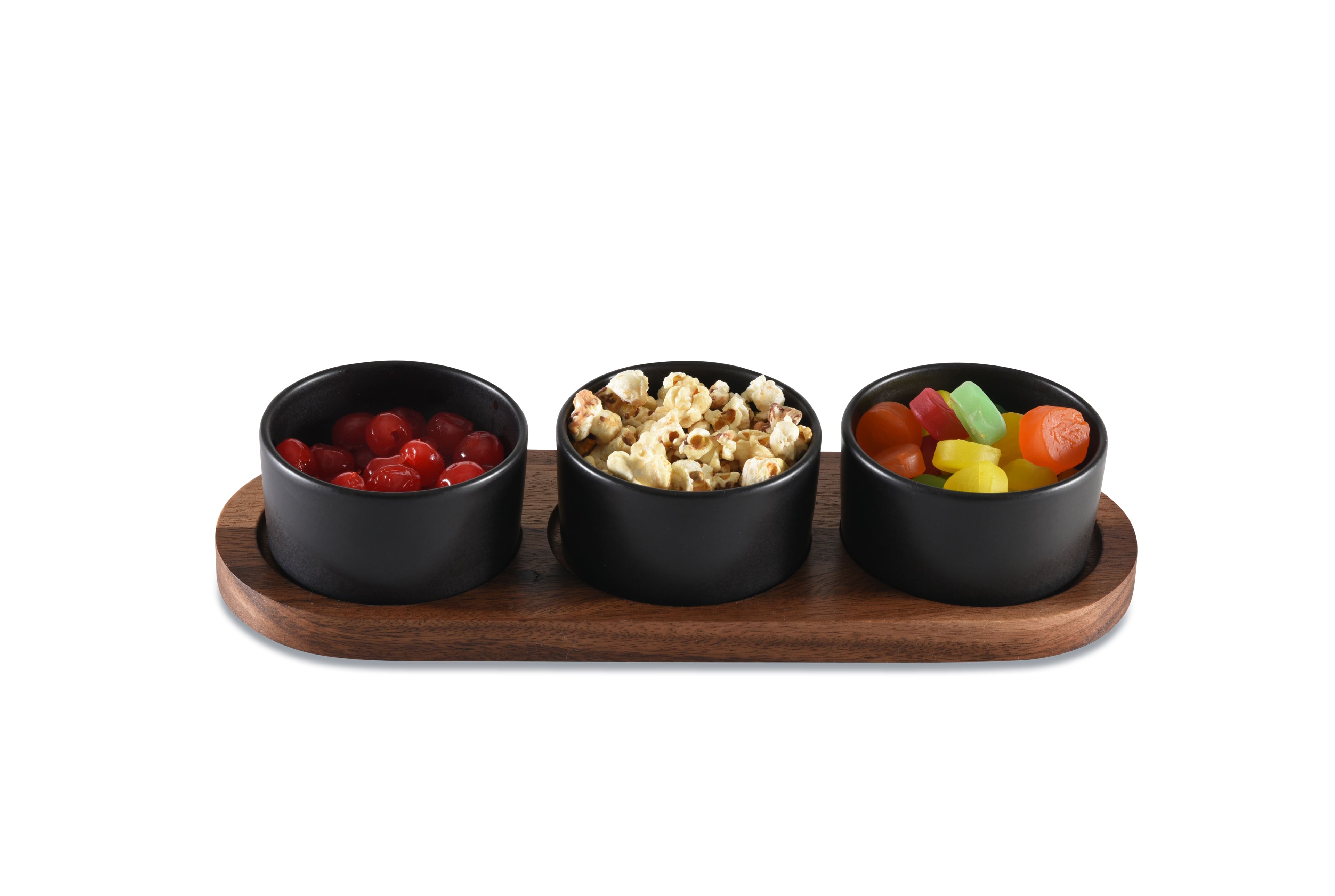 Ceramic Condiment Set on Acacia Wood — Black, 4-Piece