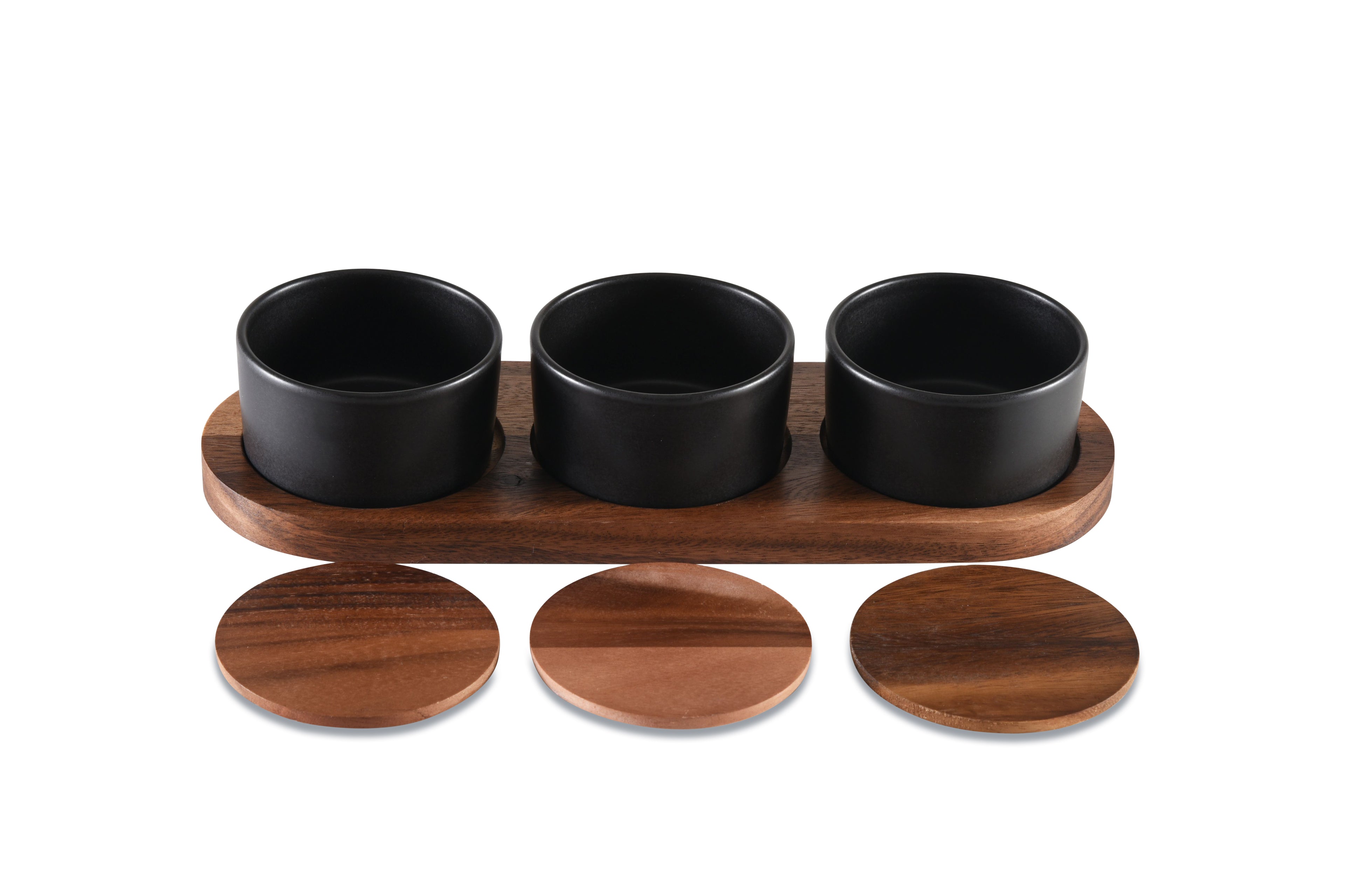Ceramic Condiment Set on Acacia Wood — Black, 4-Piece